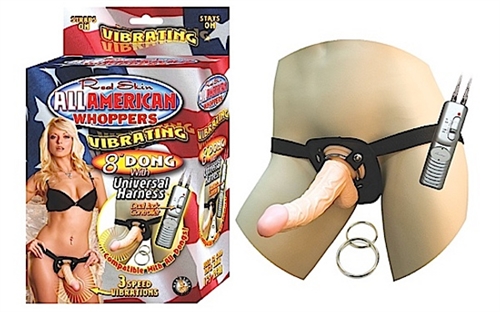 All American Whoppers Vibrating 8" Dong With Unversal Harness - Light