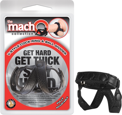 The Macho Collection v-Style Cock Ring and  Ball Divider - Black
