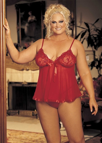 Sequin Embroidery and Sheer Net Babydoll - Queen Size - Red