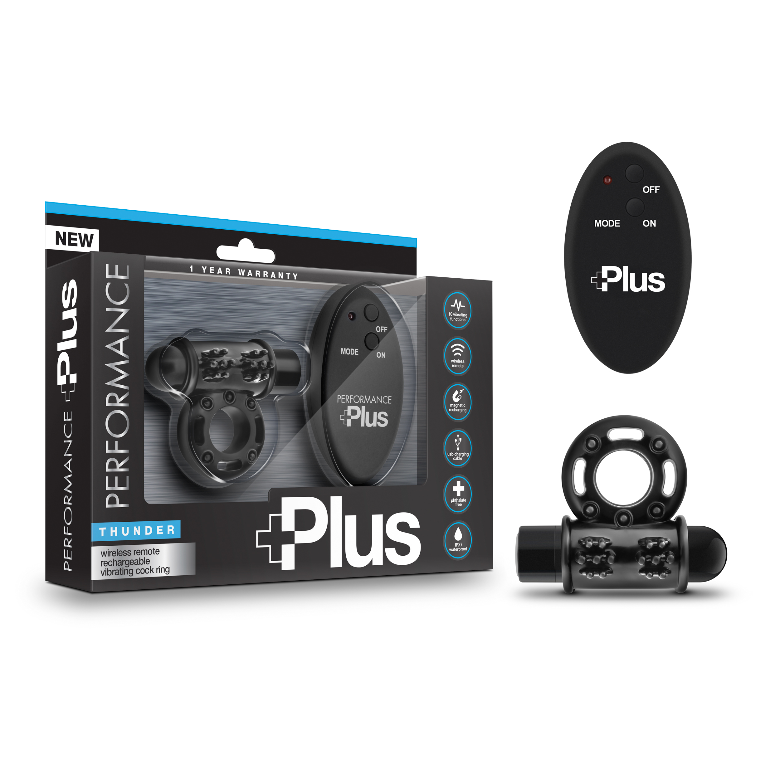 Performance Plus - Thunder - Wireless Remote  Rechargeable Vibrating Cock Ring - Black