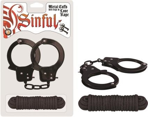Sinful Metal Cuffs With Keys & - Love Rope - Black