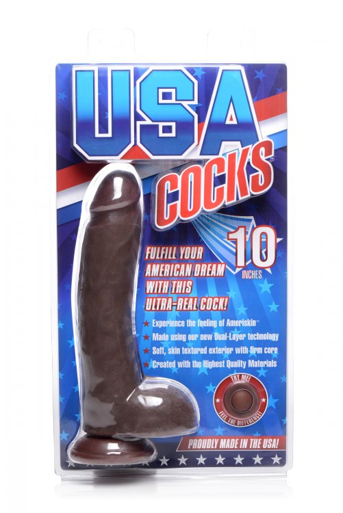 Usa Cocks 10 Inch Ameriskin Dual Density Dildo -  Dark Skin Tone