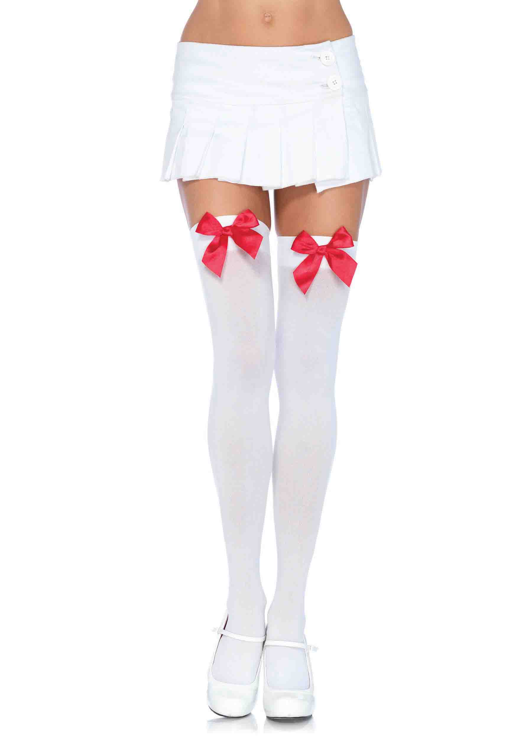 Nylon Over the Knee Socks - White With Red Bow