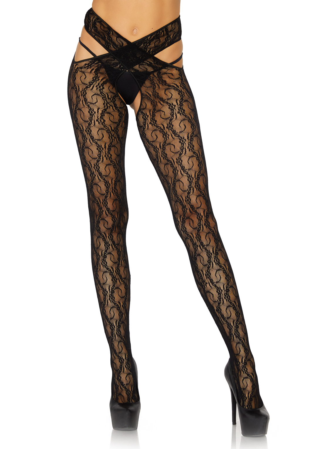 Daisy Chain Floral Lace Crotchless Wrap Around Tights - One Size - Black